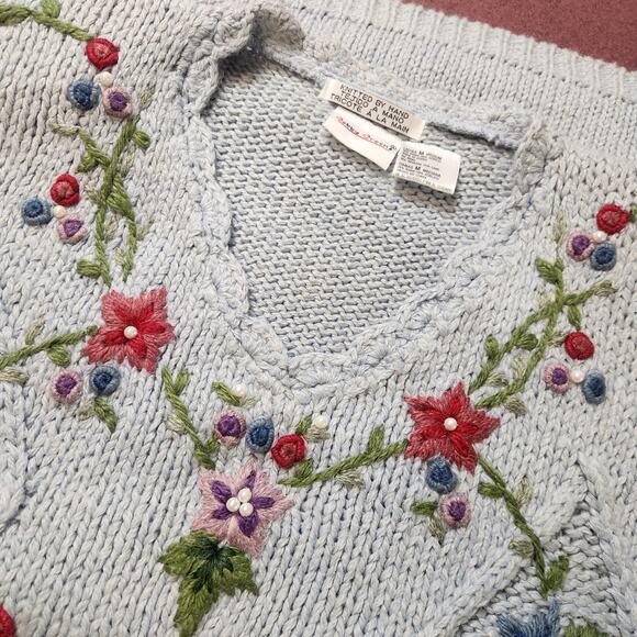 Vtg Bobbie Brooks Hand Knit Embroidered Sweater Womens Medium Cottagecore Floral - Picture 8 of 16